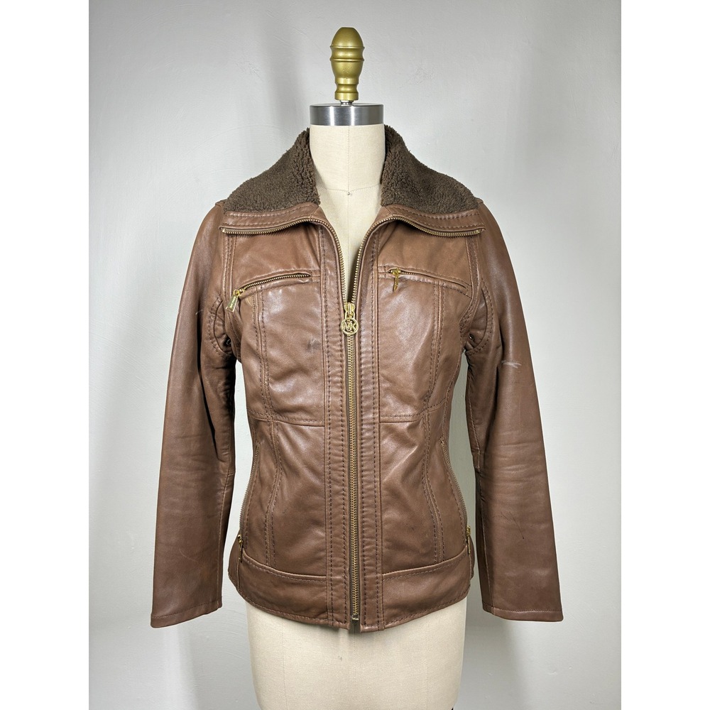 Michael Kors Brown Leather Moto Aviator Jacket Sherpa Collar XS Buttery Soft